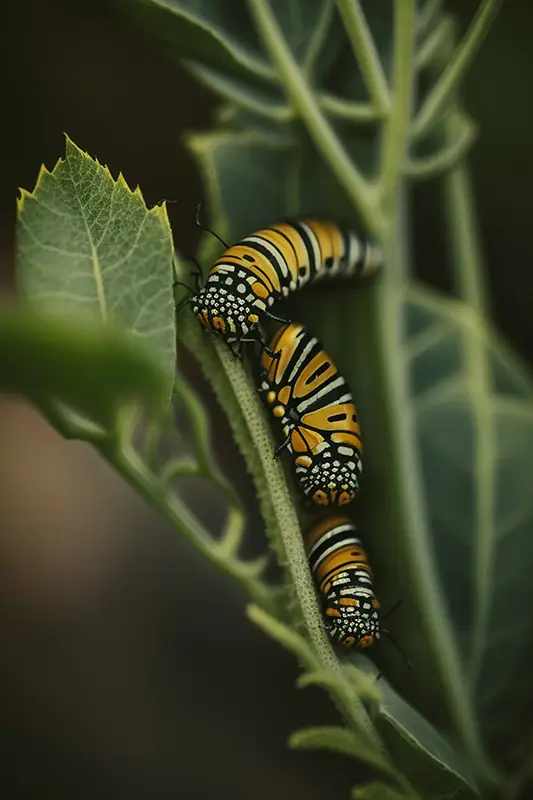 Chenille de papillon monarque sur une tige — symbole du premier stade de la transformation intérieure, hypnothérapie Touraine