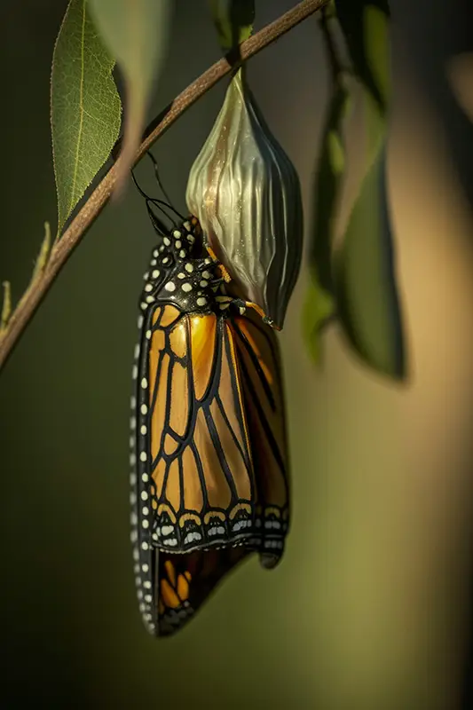 Papillon monarque émergeant de sa chrysalide — symbole de la transformation psychique profonde, hypnothérapie Touraine