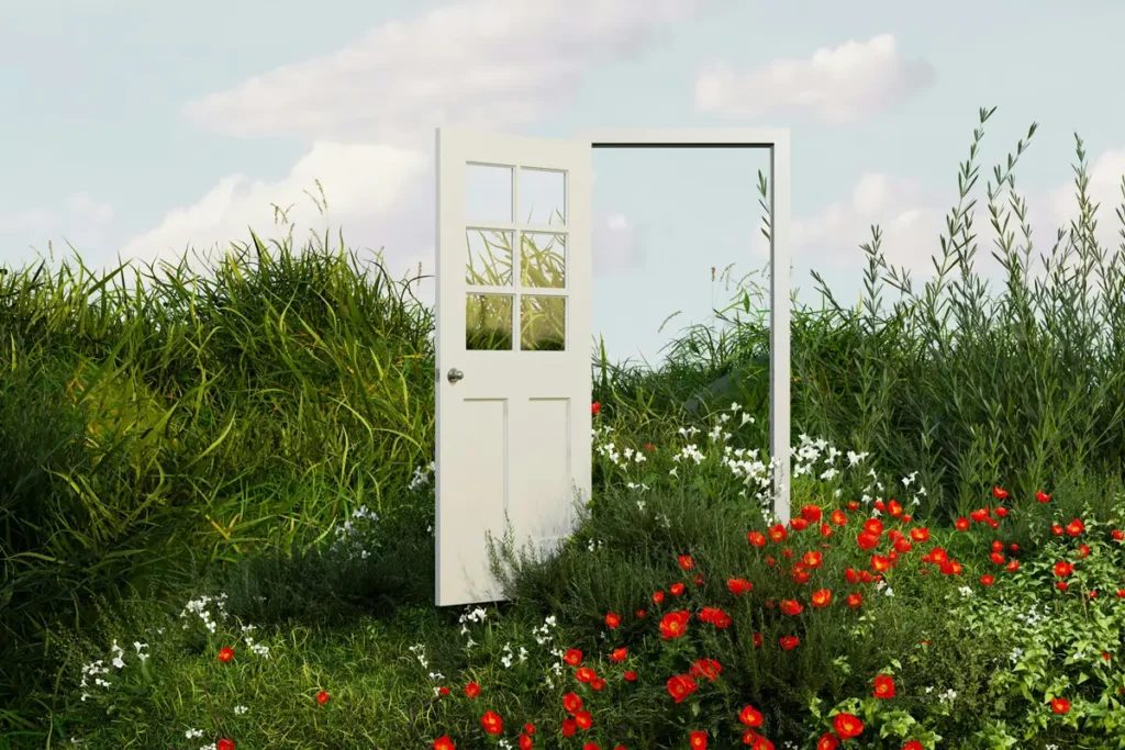 Porte blanche ouverte dans une prairie fleurie, symbole du premier pas vers un accompagnement en hypnothérapie à Parçay-sur-Vienne, Touraine